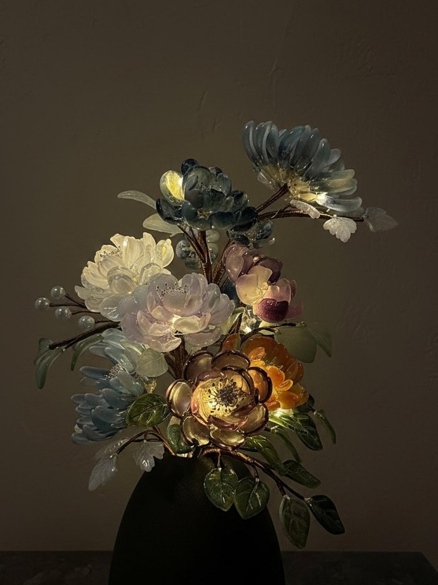 Glass flower bouquet styled in a home corner