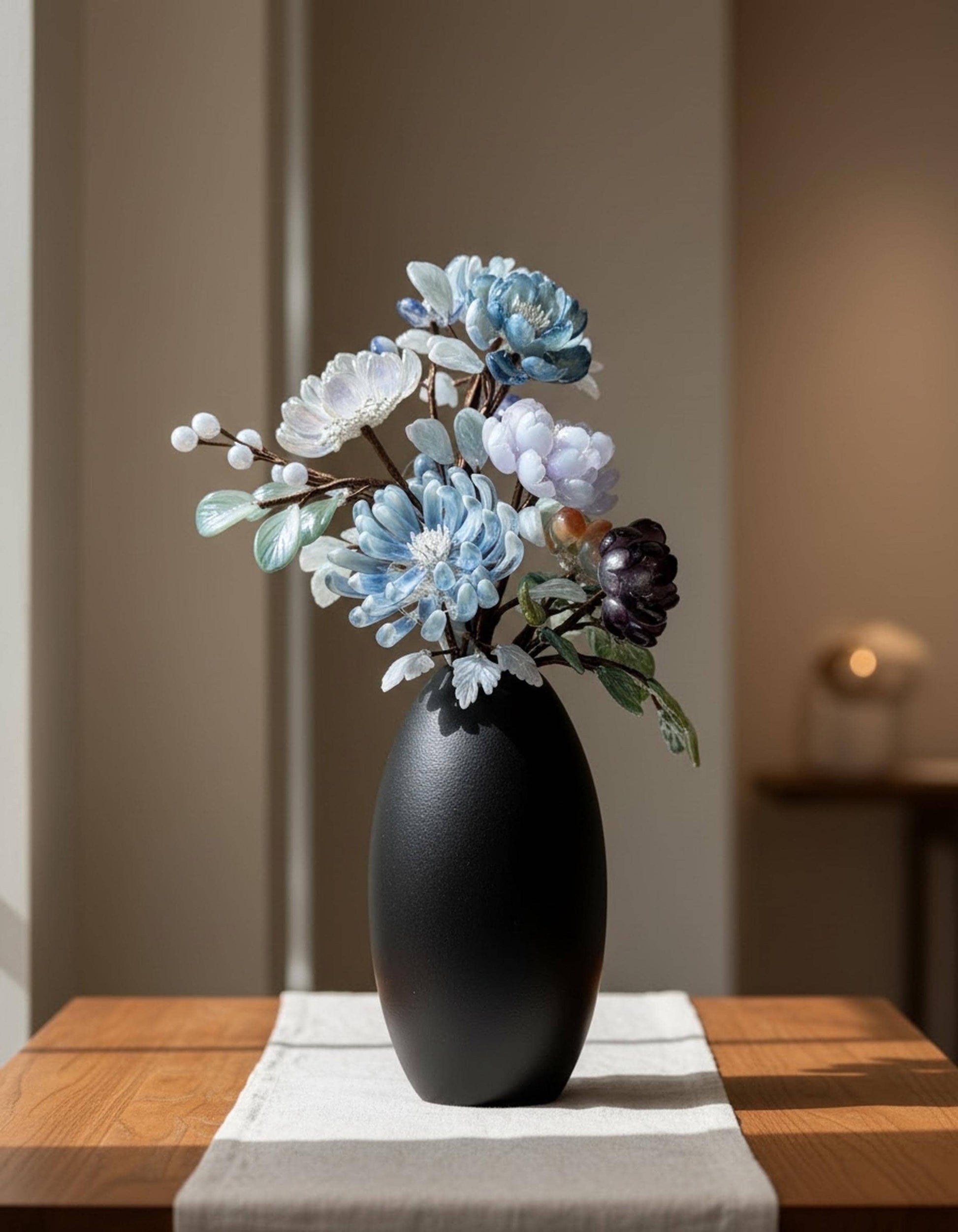 Handmade glass flower bouquet in a tall matte black vase, made in Sydney