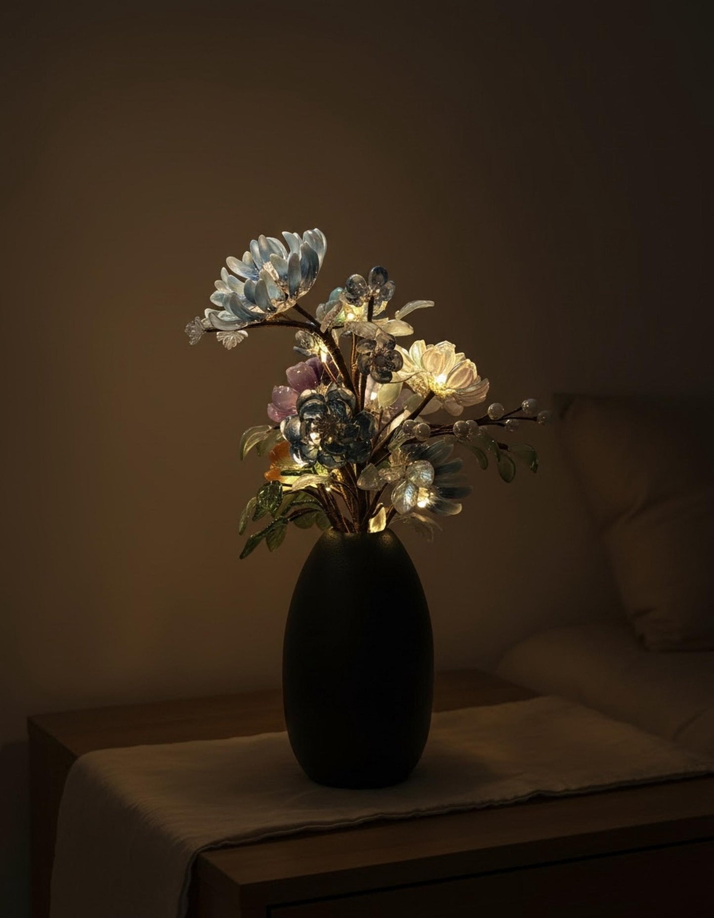 Glass flower bouquet front view with blue and purple blooms