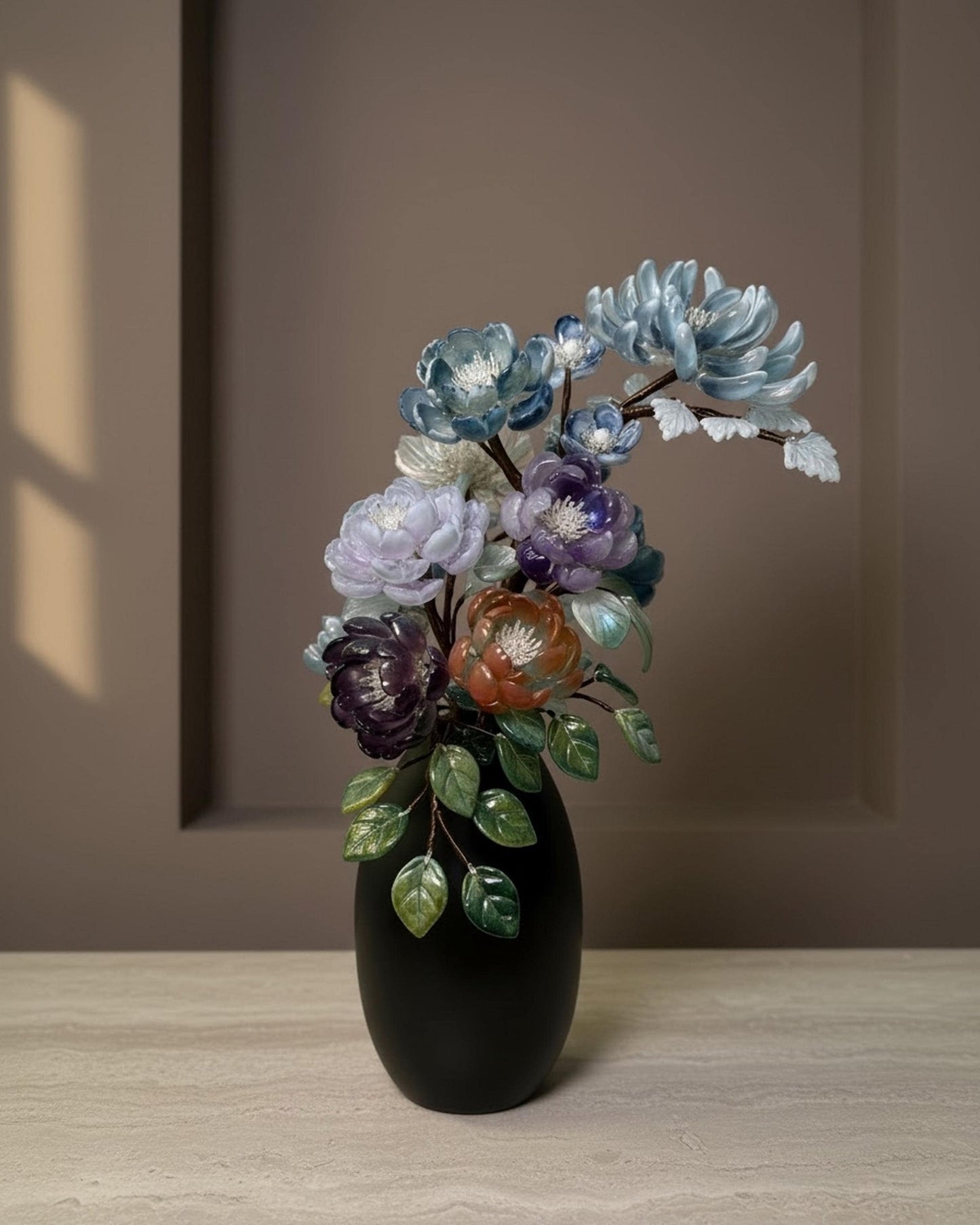 Warm LED glow among the glass blooms at night
