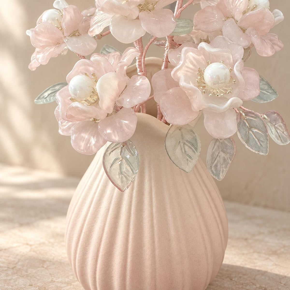 Pink camellia bouquet glowing with warm LED light