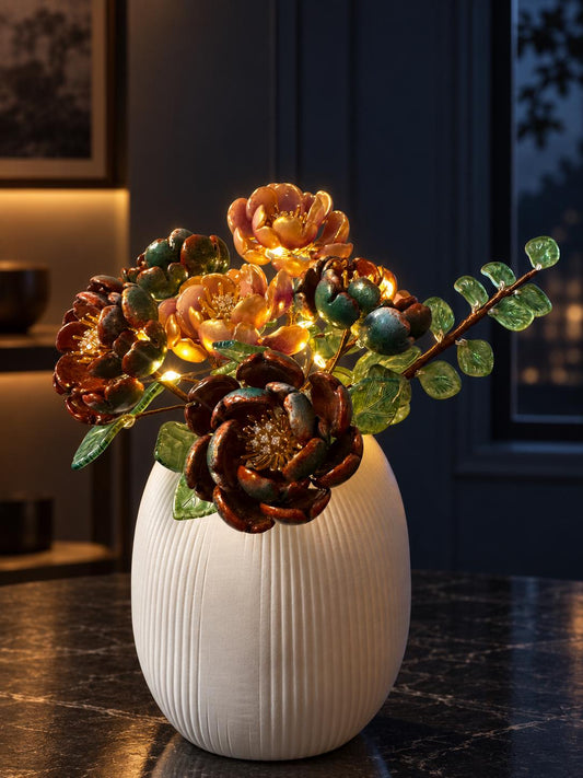 Bronze Garden Peony glass flower arrangement in tall white ribbed vase