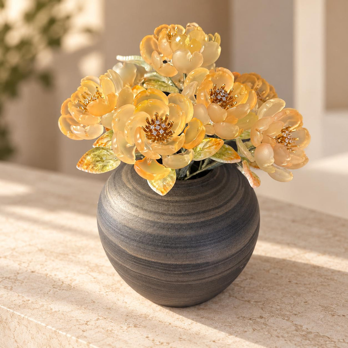 Pale amber glass peony styled view