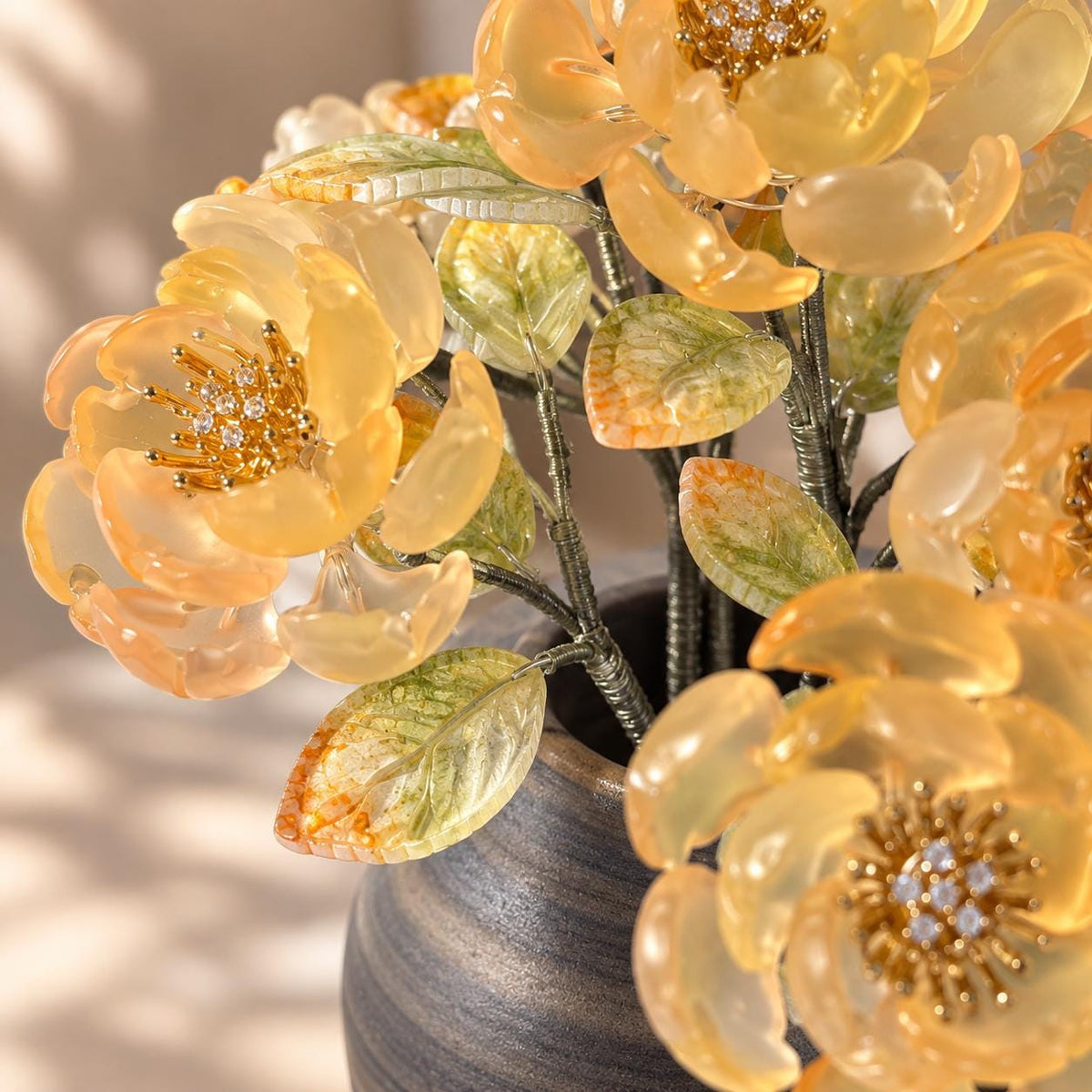 Front view of the glass peony arrangement