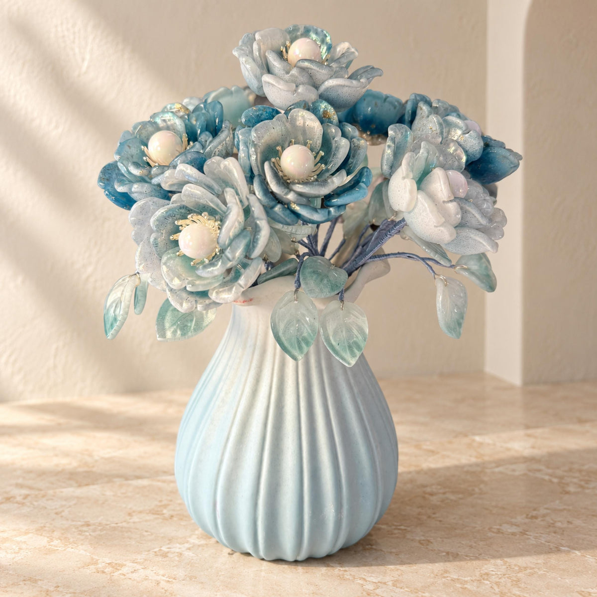 Front view of the glass camellia arrangement