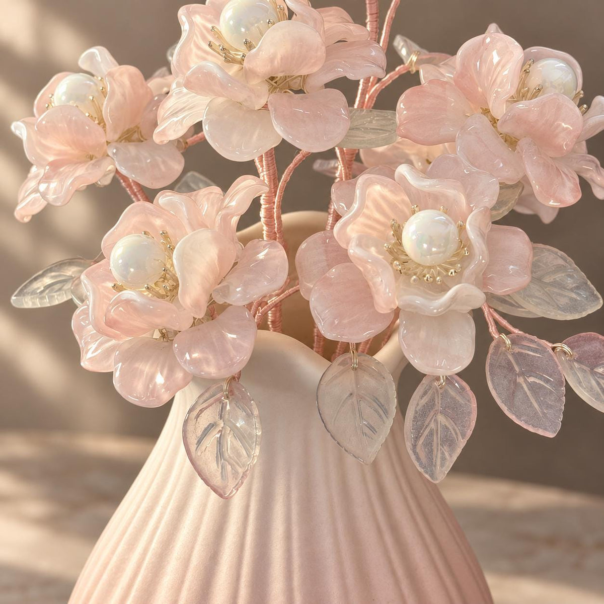 Pink glass camellia bouquet full arrangement