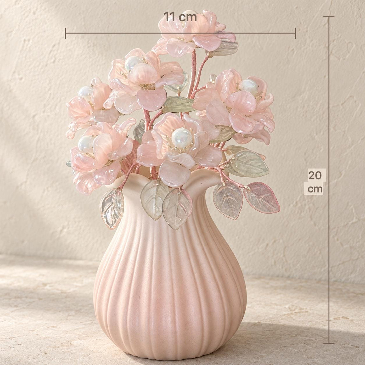 Pink glass camellia bouquet size reference, approx 20cm tall