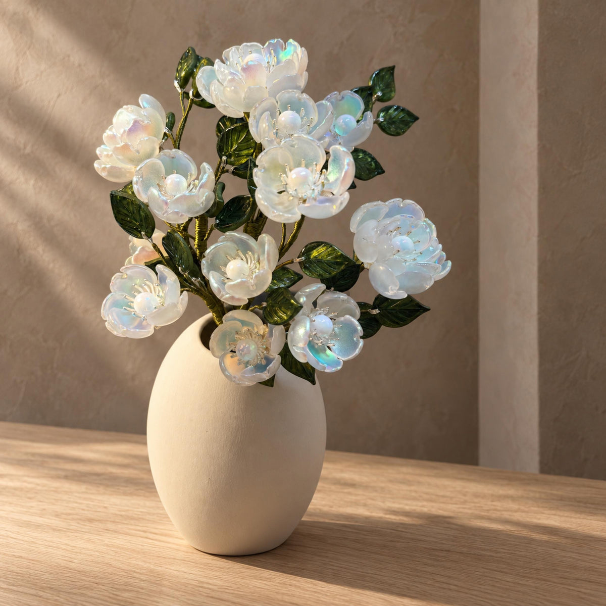 White glass camellia blooms detail