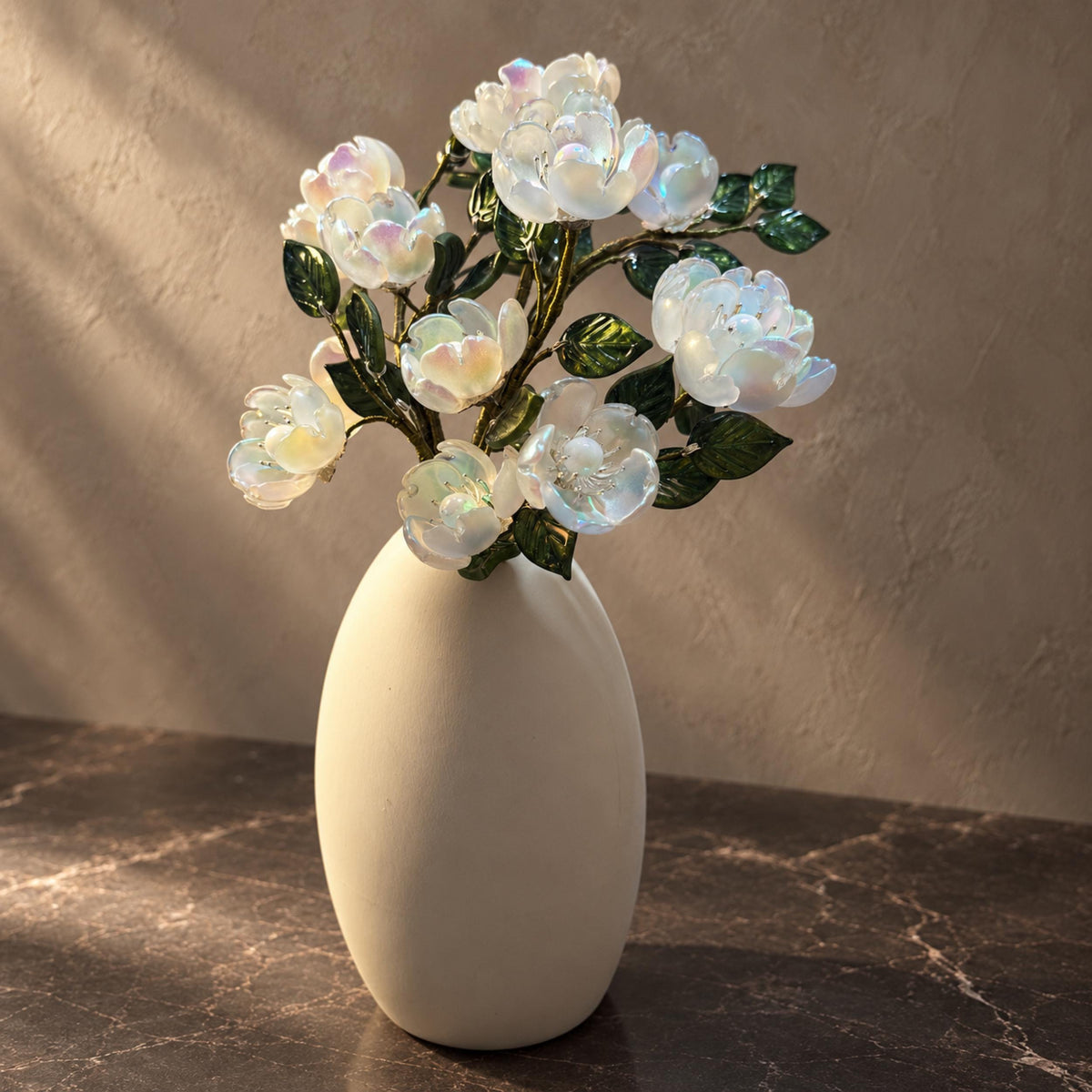 Front view of the white camellia arrangement