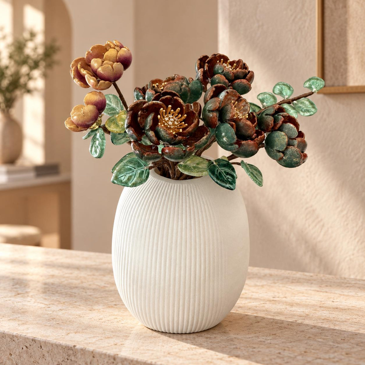 Bronze Garden Peony glass flower arrangement in tall white ribbed vase