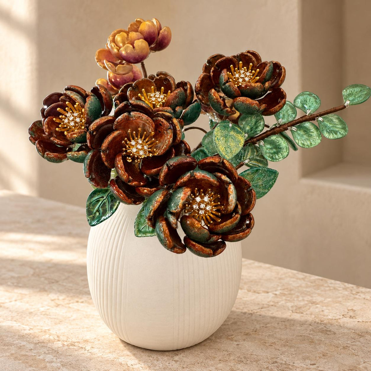 Bronze and green glass peony blooms detail