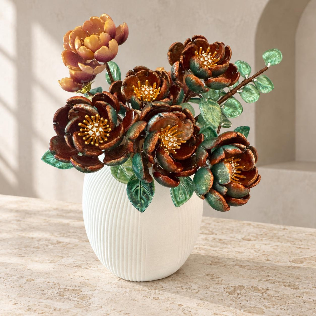 Front view of the glass peony arrangement