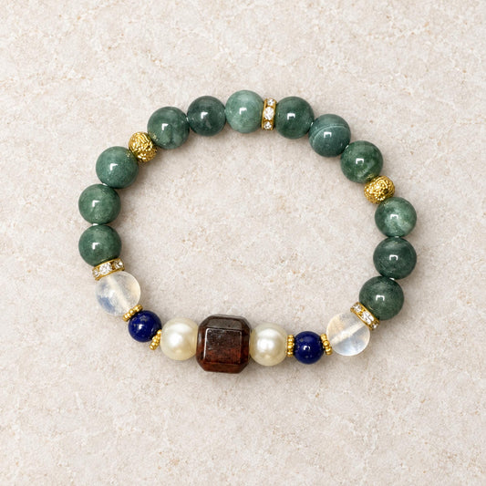 Blue water jadeite stretch bracelet with moonstone, lapis and sugilite
