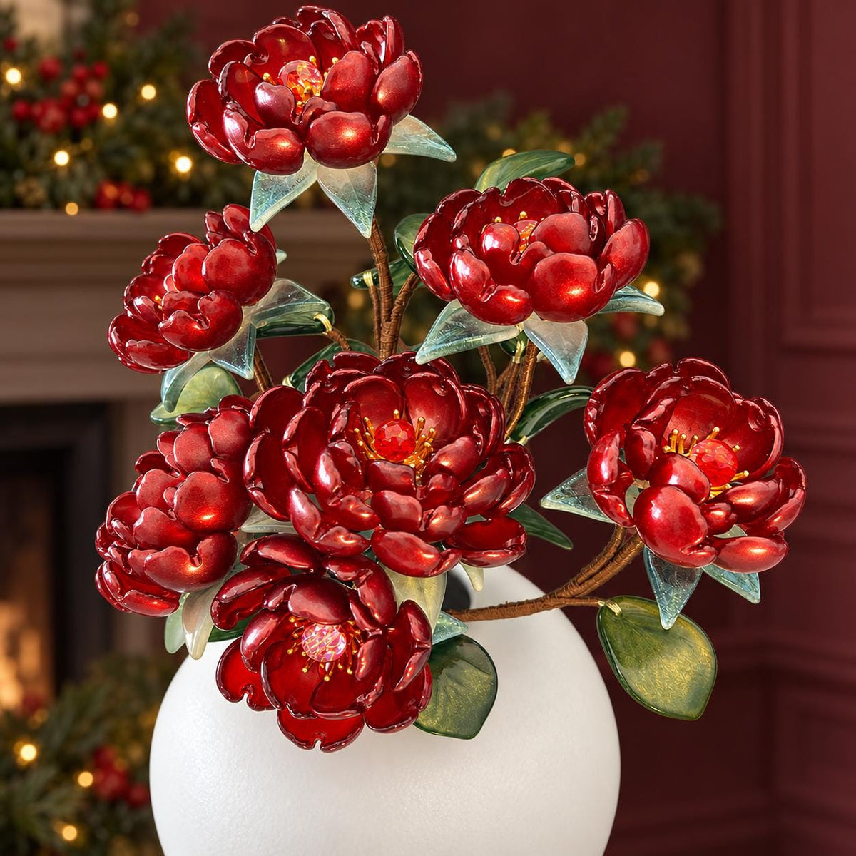 Red glass peony arrangement view 5