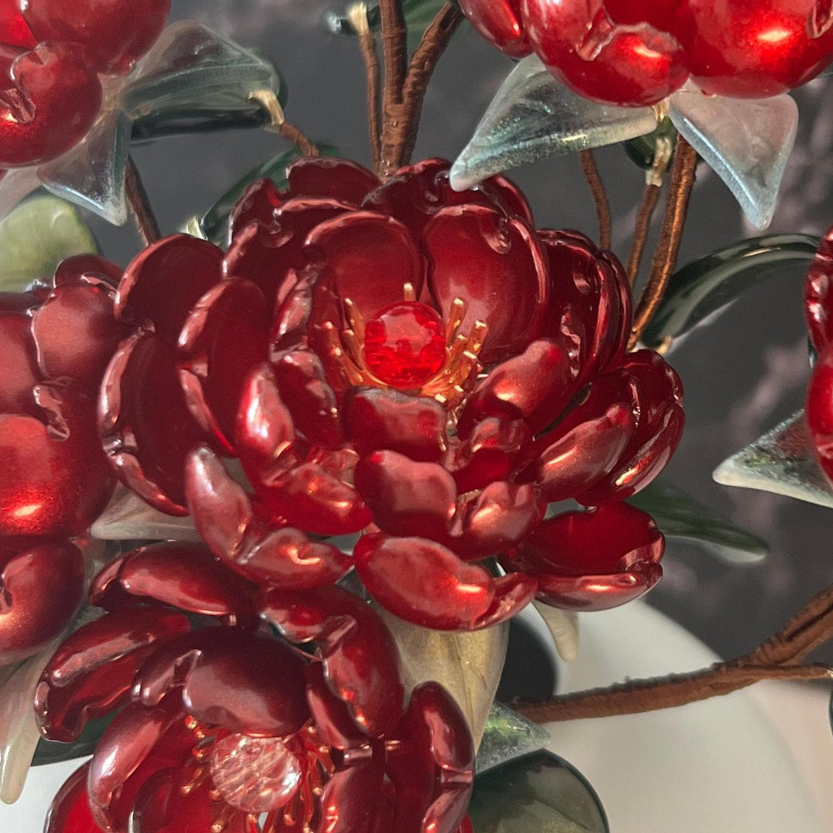 Red glass peony arrangement view 6