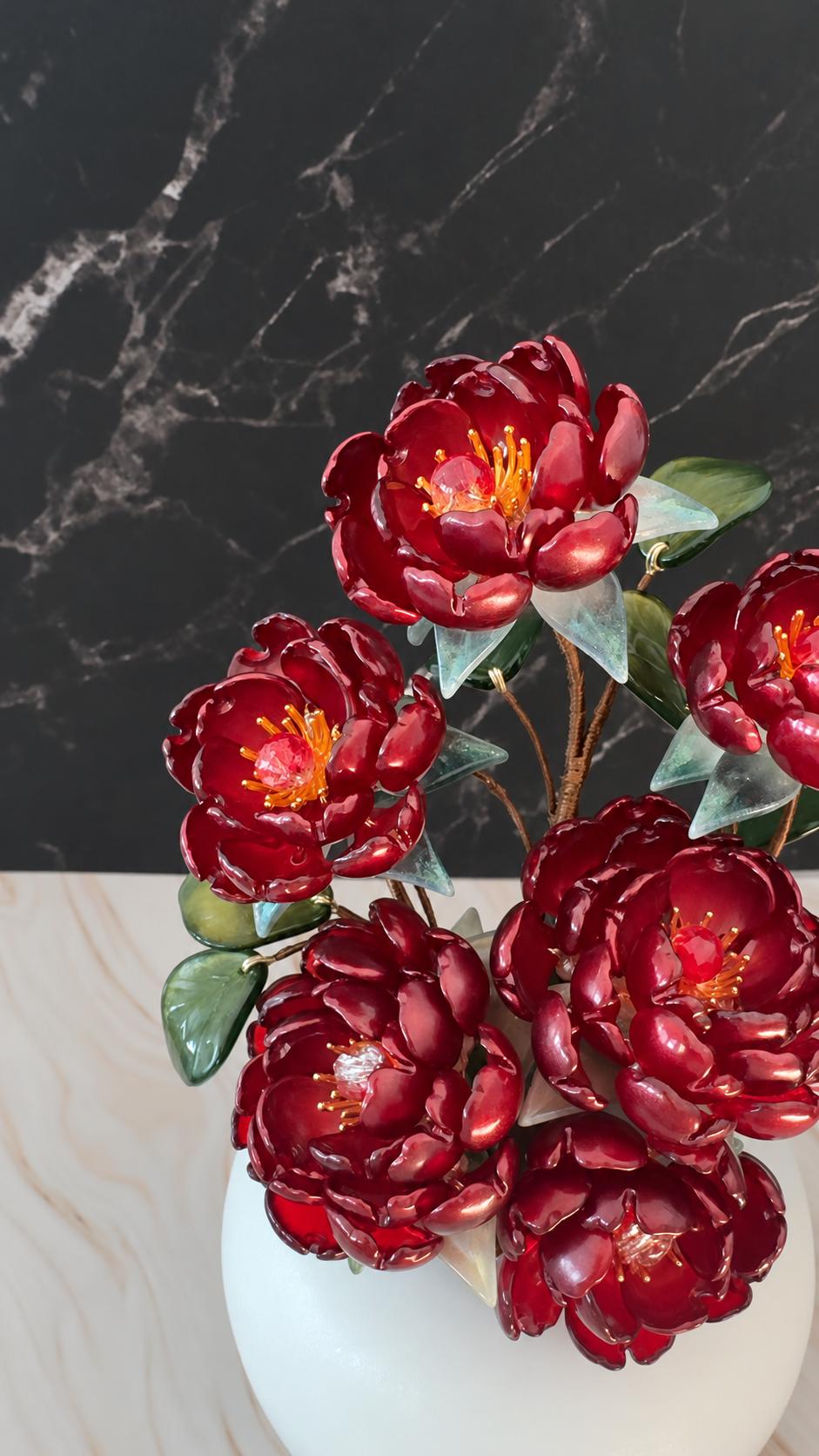 Red glass peony arrangement view 10