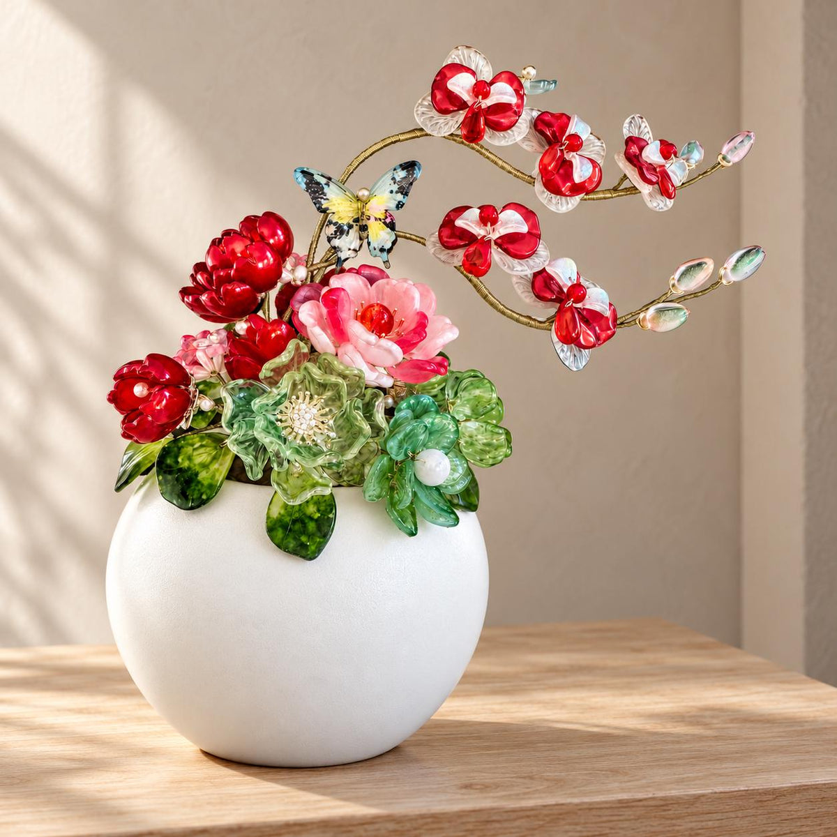 Ruby Noel Garden red glass orchid and peony arrangement