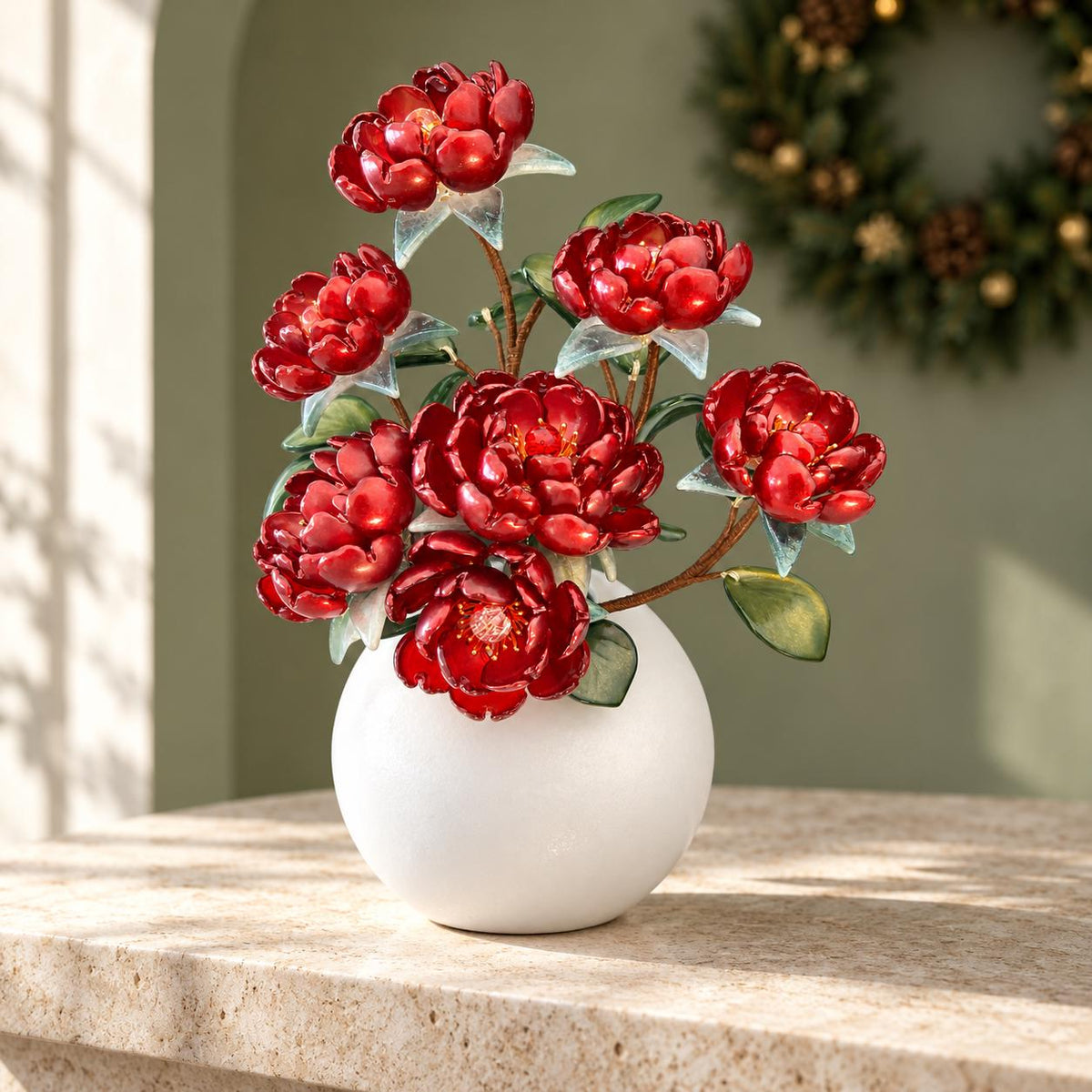 Red glass peony arrangement view 4