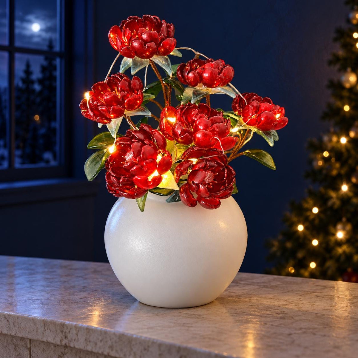 Red glass peony arrangement view 7