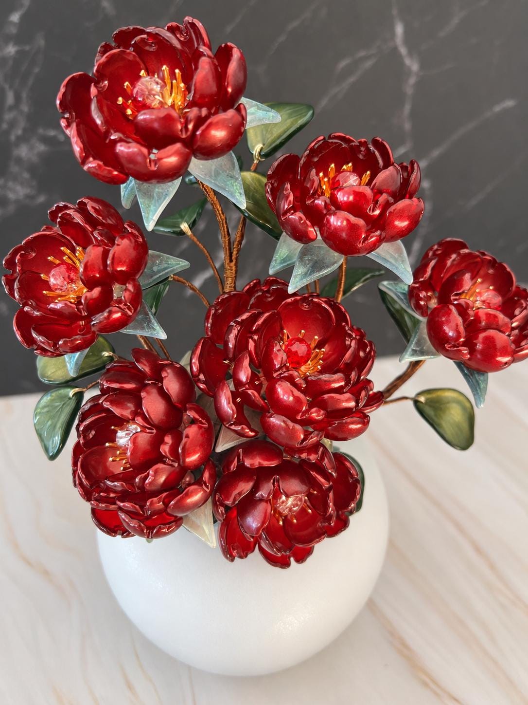 Red glass peony arrangement view 8