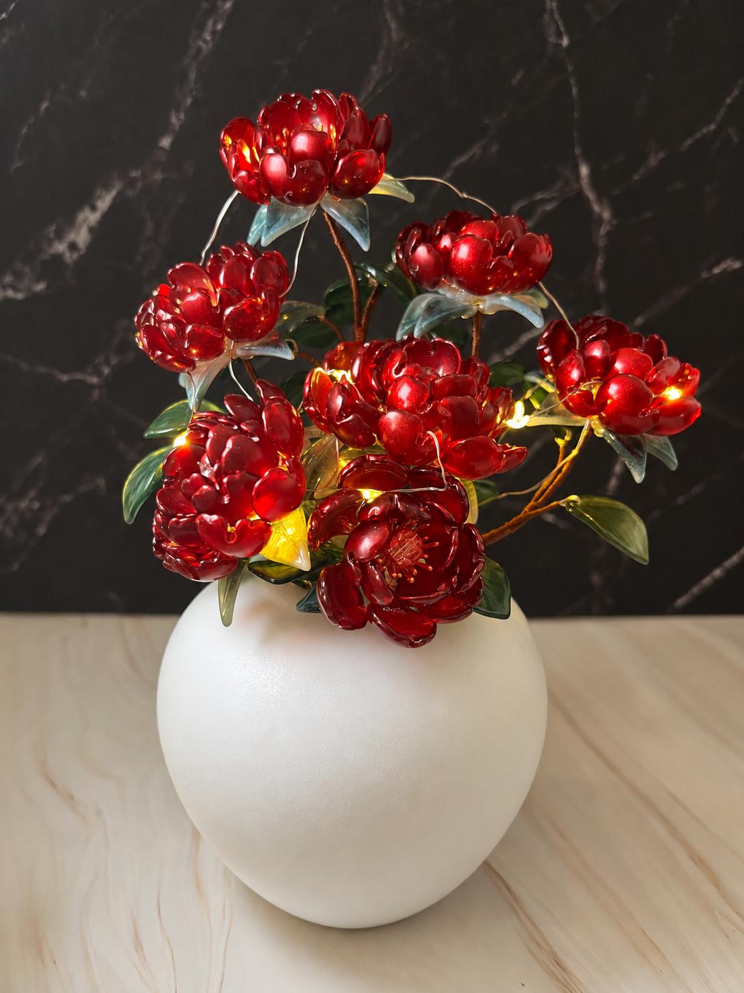 Red glass peony arrangement view 9