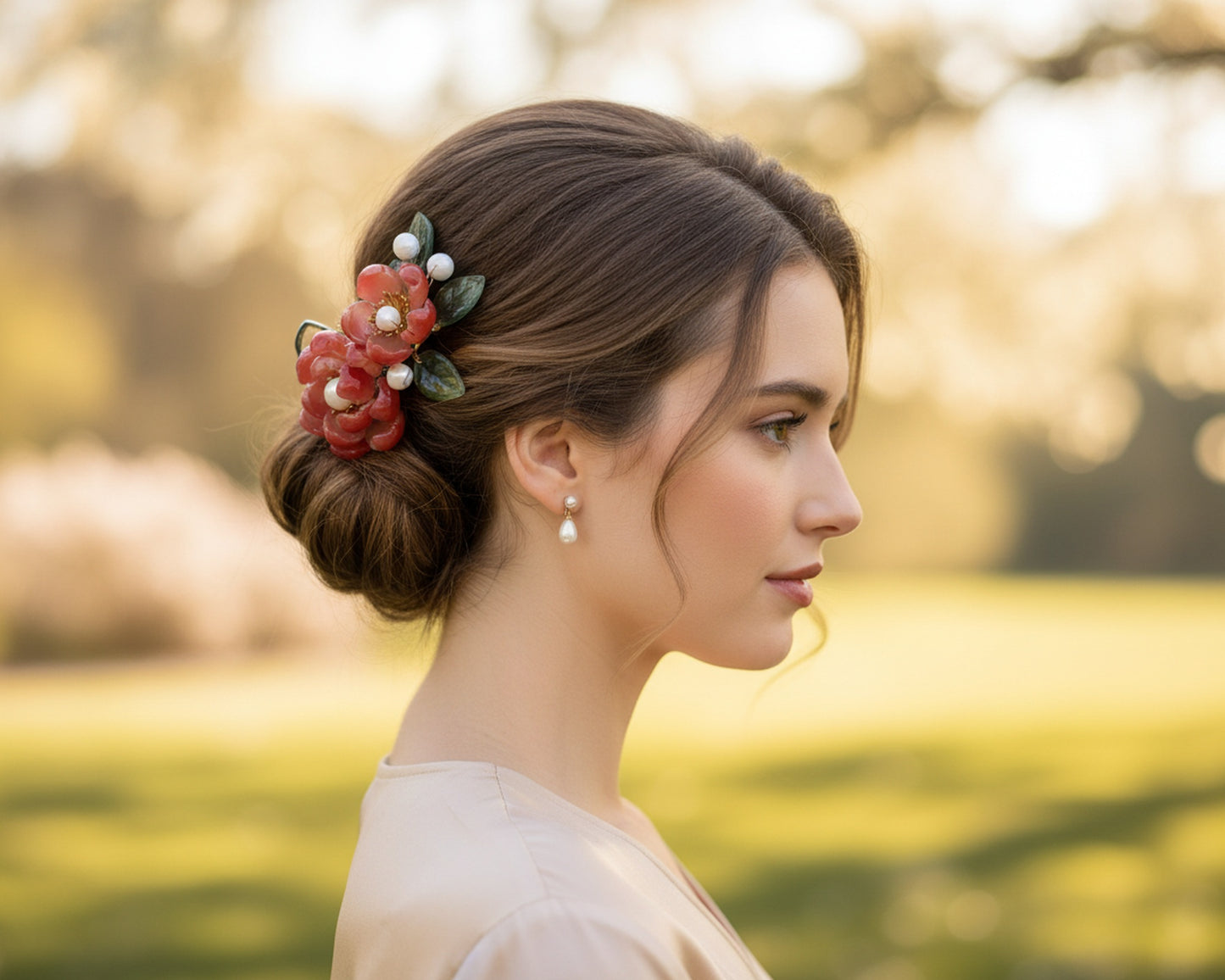 Red Camellia Glass Flower Hair Clip