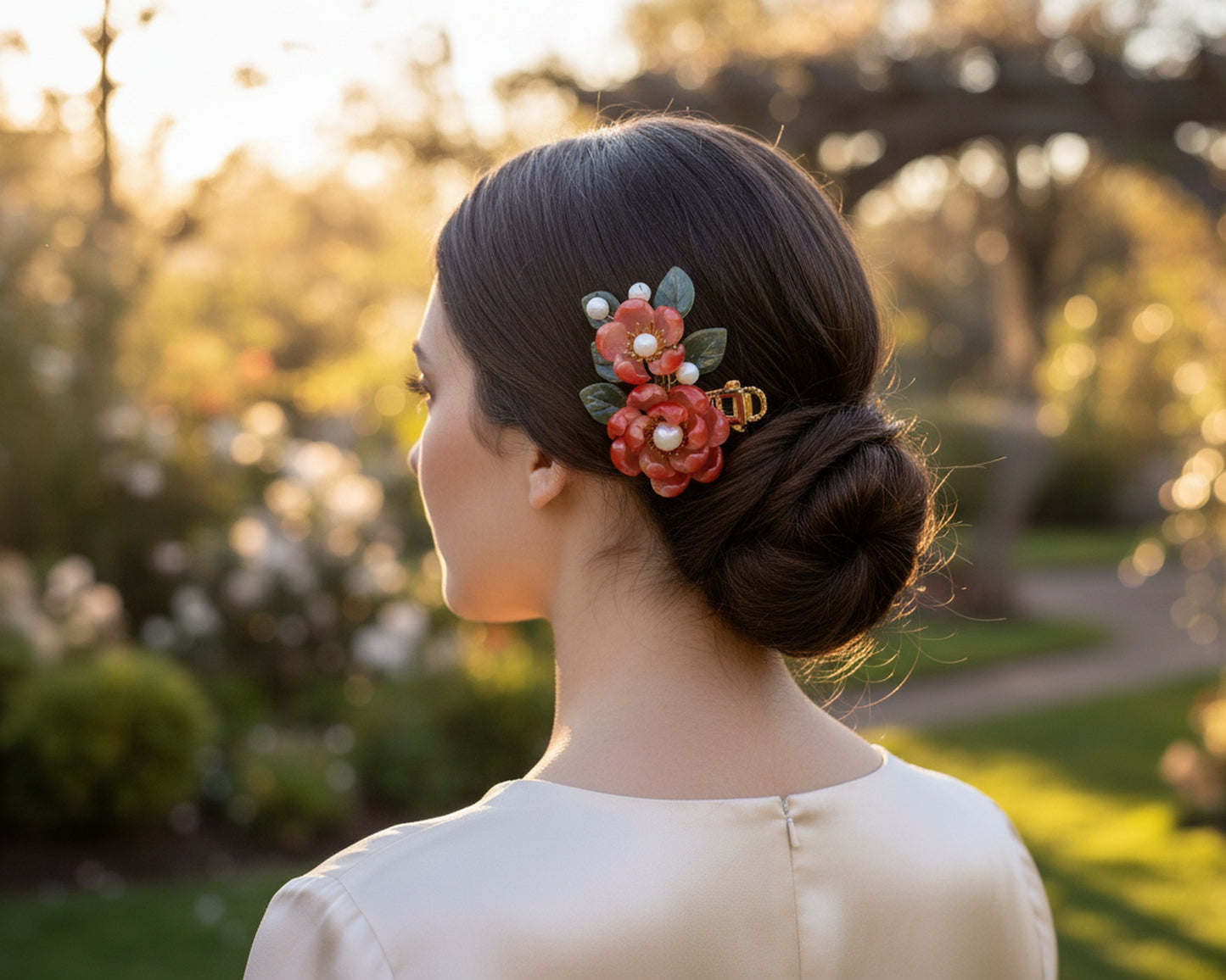 Red Camellia Glass Flower Hair Clip