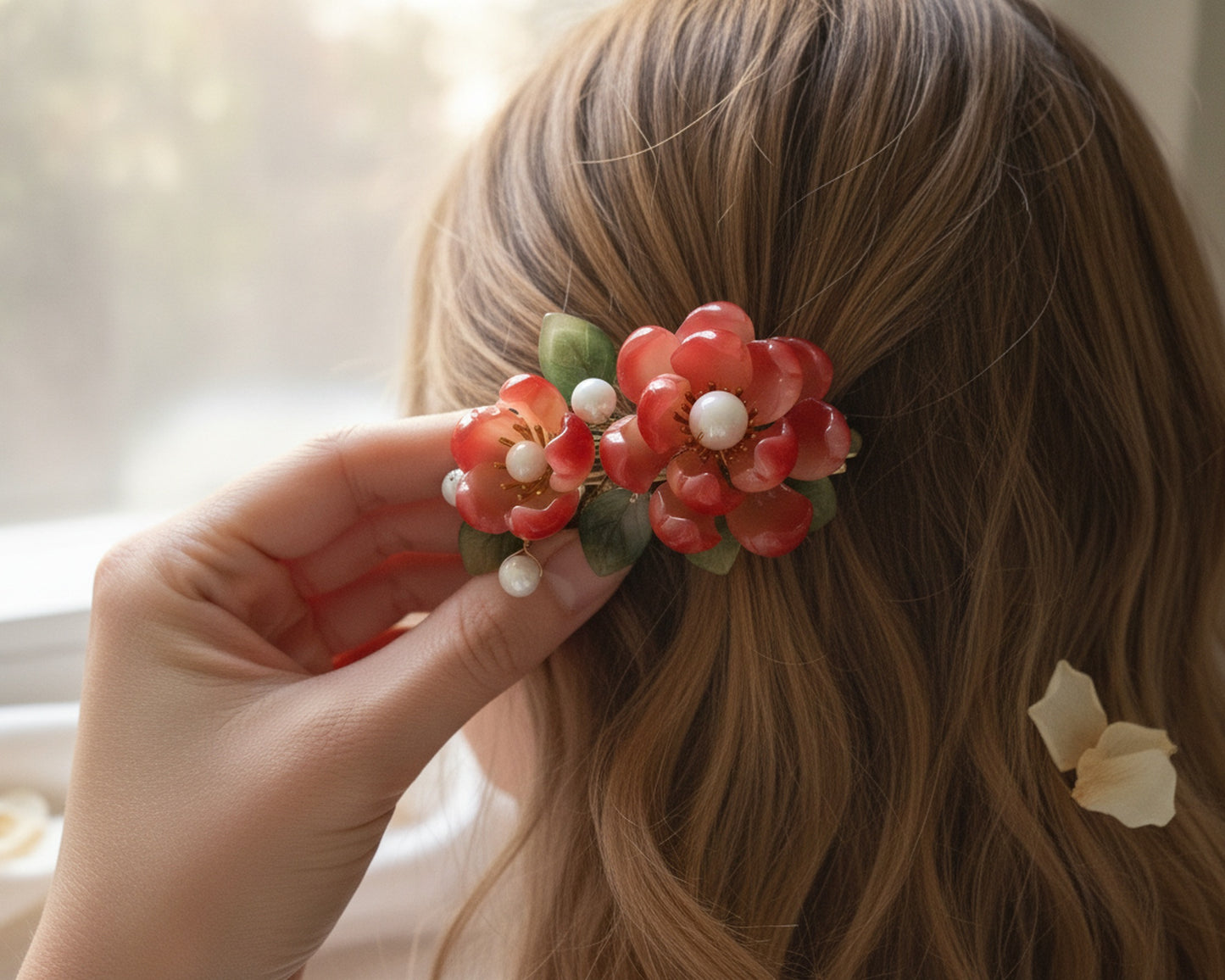 Red Camellia Glass Flower Hair Clip